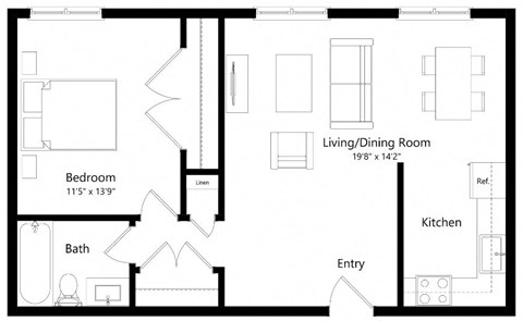 Floor plan for 1 bed, 1 bath, 708 sqft